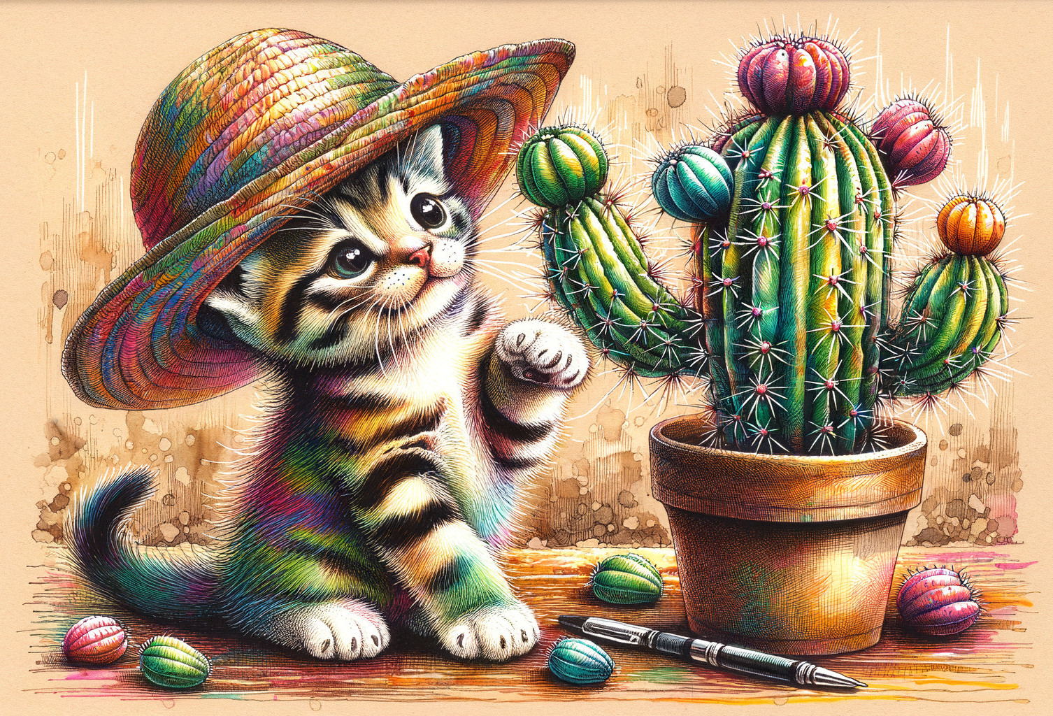 Playful kitten with colorful cactus and vibrant hat