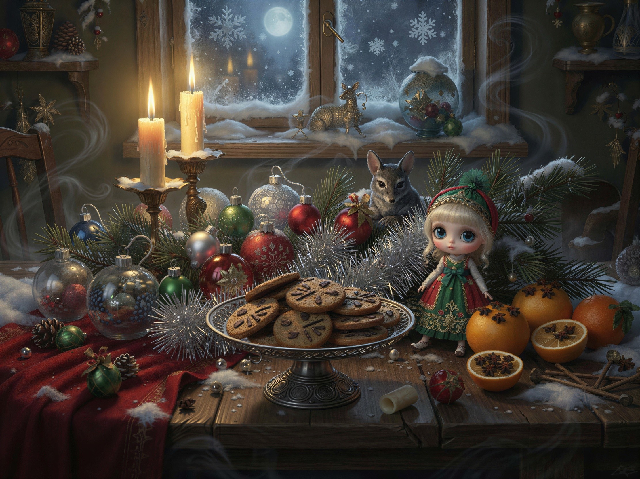 Ornate Christmas Dinner Table Decor with Candles and Ornaments