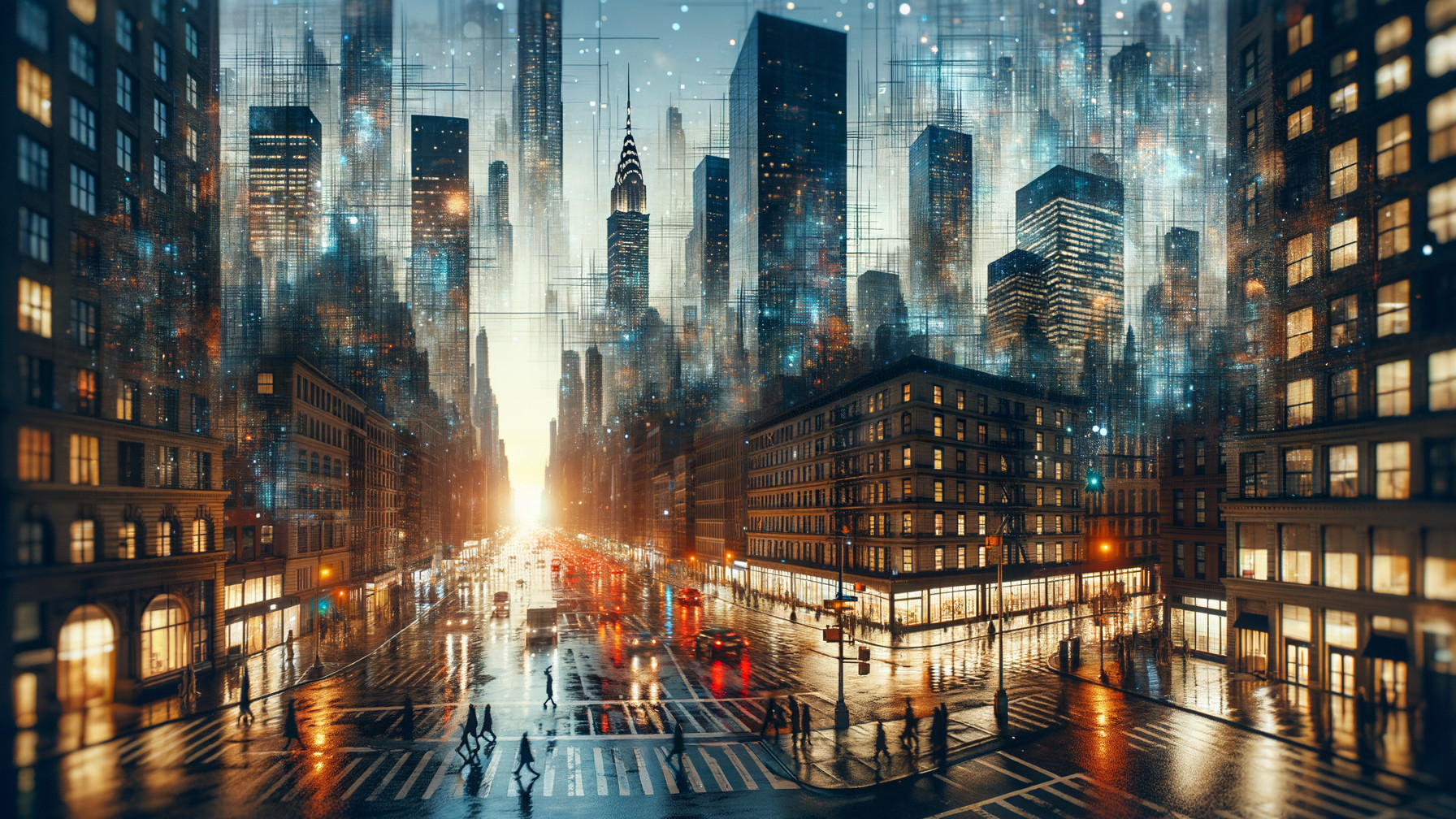 Futuristic cityscape at twilight with neon reflections