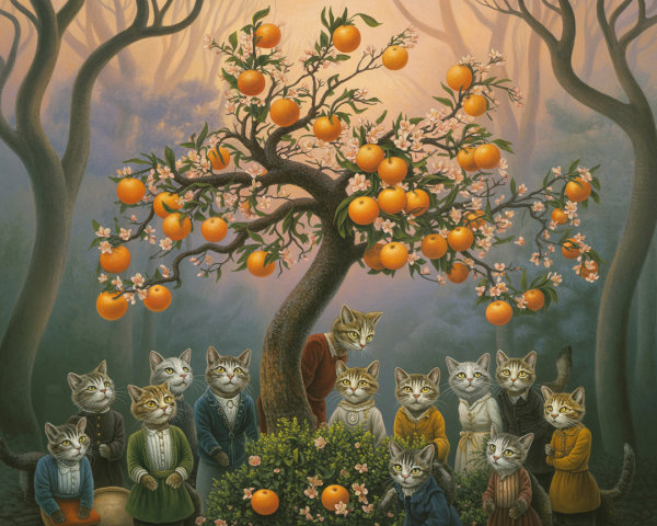 Cats in Victorian Attire by an Orange Tree at Dawn