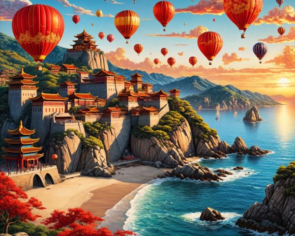 Cliffside Village Surrounded by Autumn Trees and Balloons