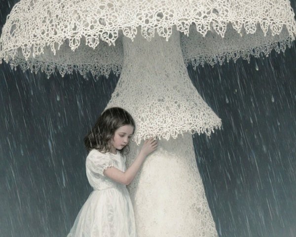Young girl in lace dress beside large ornate mushroom