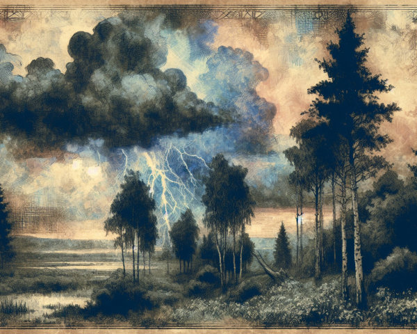 Dramatic Landscape with Lightning and Serene Lake