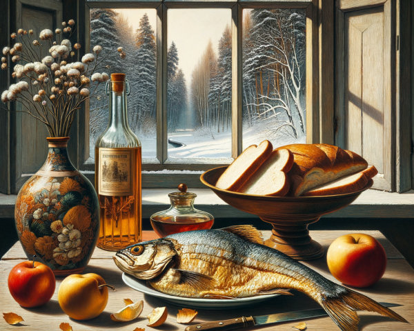 Winter Scene with Rustic Window and Still Life Display