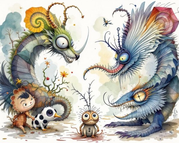 Whimsical Watercolor Illustration of Mythical Creatures