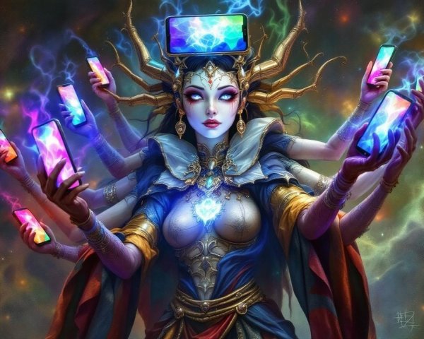 Deity with Multiple Arms Holding Glowing Smartphones