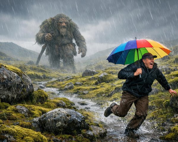 Man with Umbrella Fleeing from Large Hairy Creature