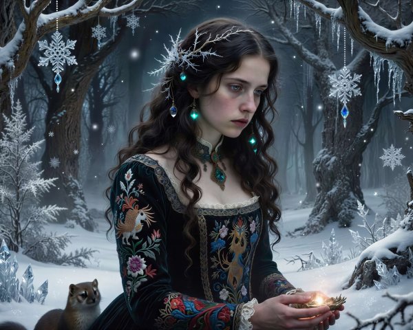 Medieval Woman in Snowy Forest with Embroidered Gown