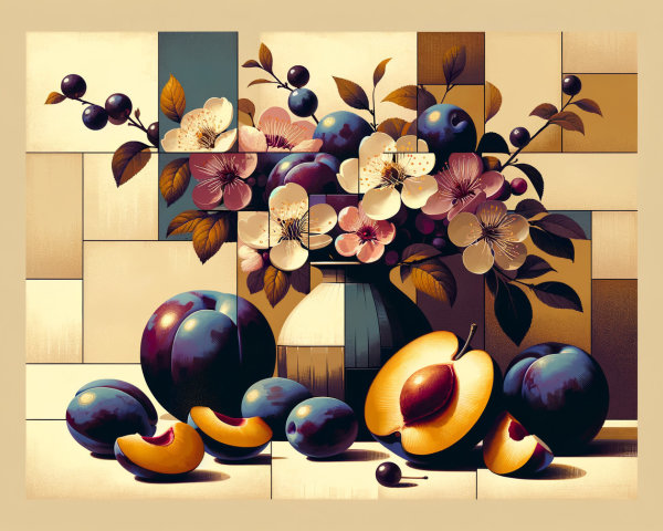 Still Life with Blue Plums, Apricots, and Flowers