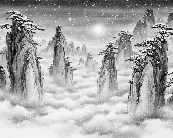 Monochrome Ink Wash Painting of Mountainscape with Moon