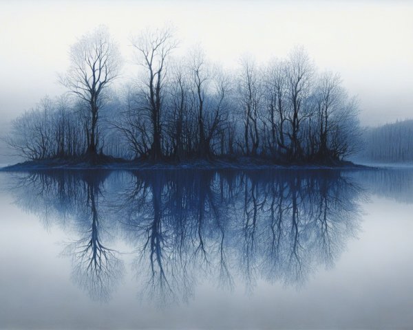 Serene Lake Landscape with Mist and Bare Trees