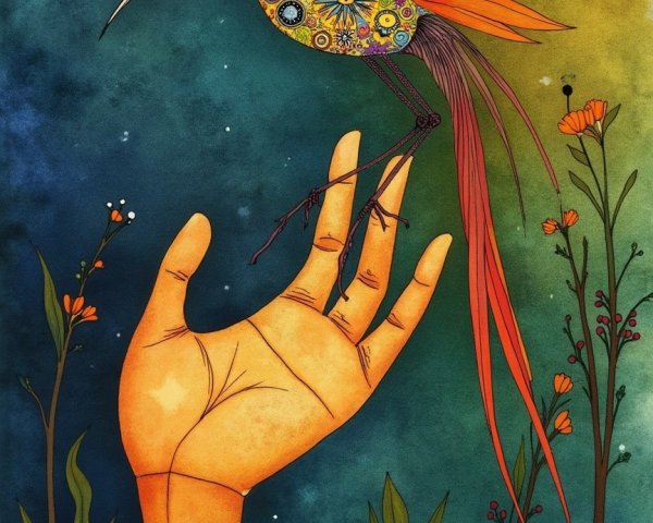Colorful Bird with Floral Patterns on a Hand Illustration