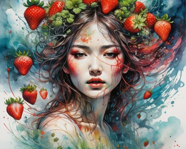 Surreal Portrait of a Woman Among Vibrant Strawberries