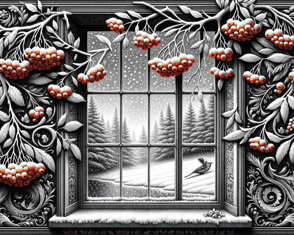 Winter Scene with Snow and Red Berries Framed by Foliage