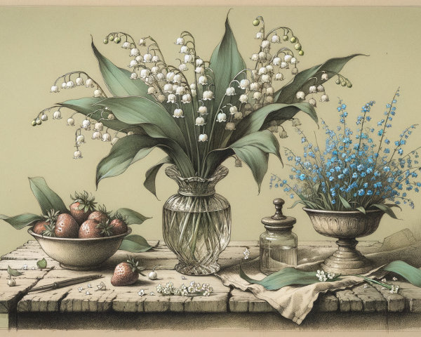 Still Life with White Flowers and Ripe Strawberries