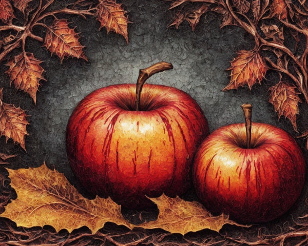 Vibrant Red Apples Surrounded by Autumn Leaves