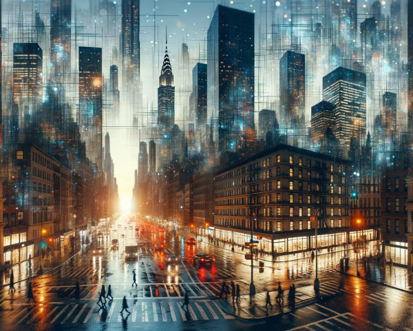 Futuristic cityscape at twilight with neon reflections