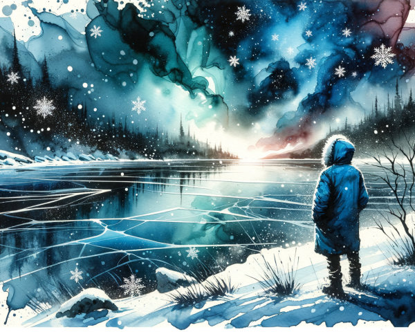 Winter Scene with Figure by Icy Lake at Night