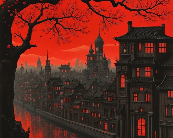 Dark Cityscape with Eerie Red Glow at Twilight