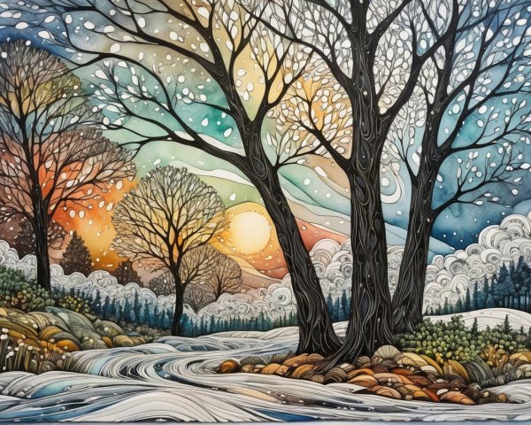 Vibrant Winter Landscape with Stylized Trees and River