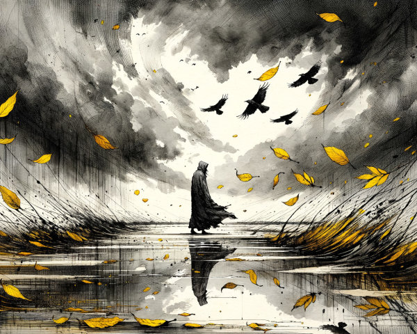 Solitary Figure in Cloak Amidst Autumn Landscape