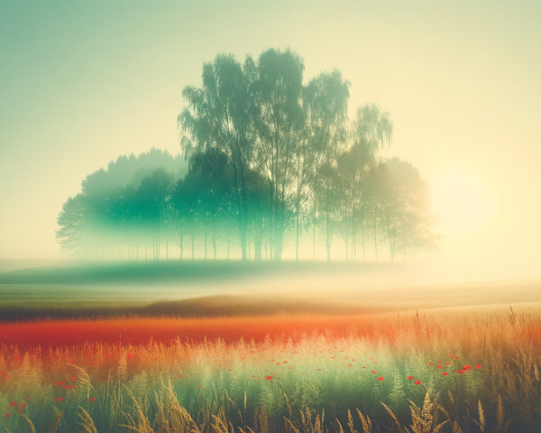 Serene Landscape with Red Poppies and Misty Trees