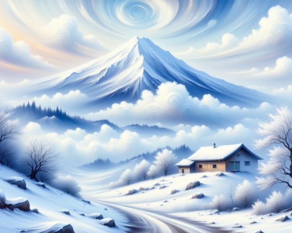 Snowy Mountain Landscape with Cozy Cabin and Trees