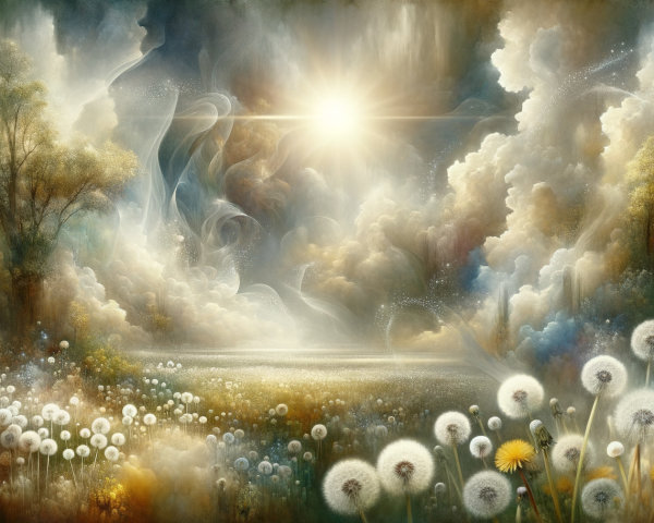 Ethereal Landscape with Dandelions and Vibrant Clouds
