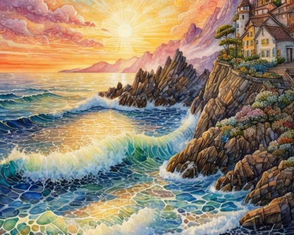Seaside Landscape with Cliffs and Colorful Sunset