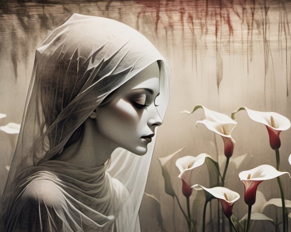 Serene figure in veil with calla lilies backdrop