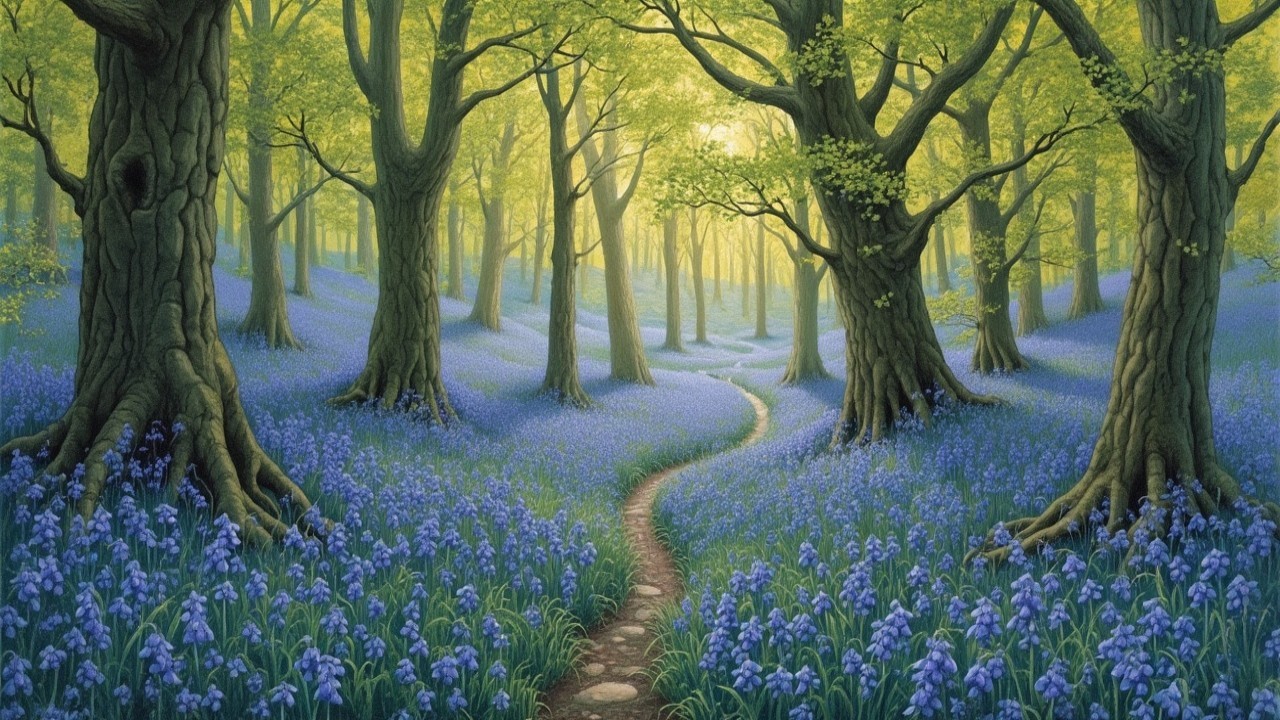 Serene Forest Scene with Towering Trees and Blue Flowers