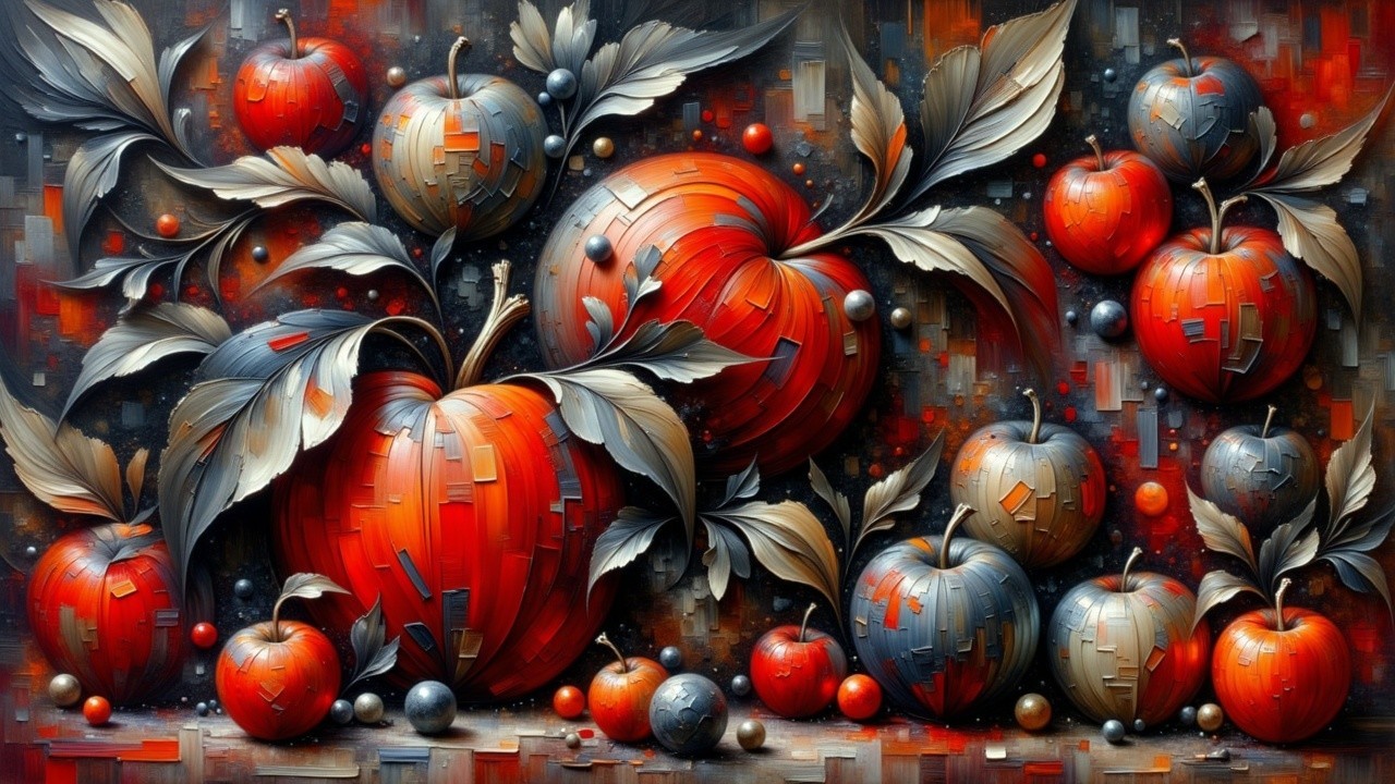 Vibrant Stylized Apples with Geometric Background