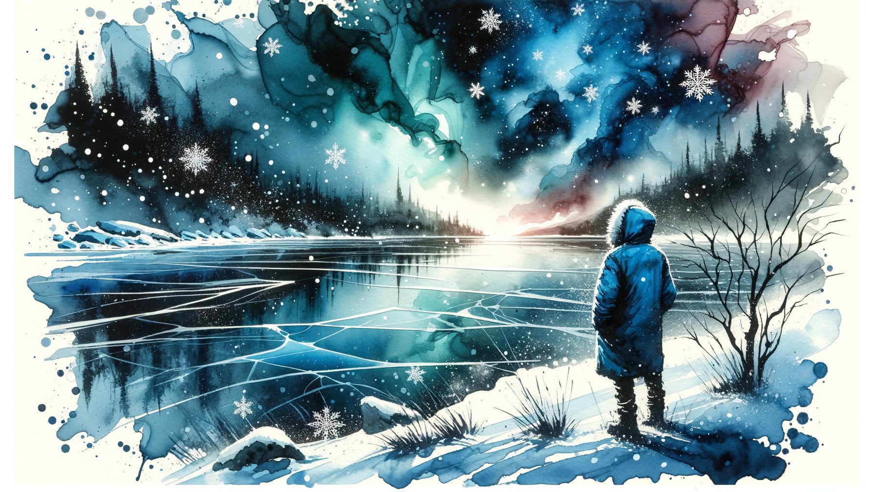 Winter Scene with Figure by Icy Lake at Night