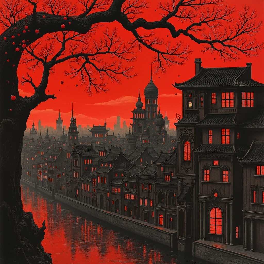 Dark Cityscape with Eerie Red Glow at Twilight