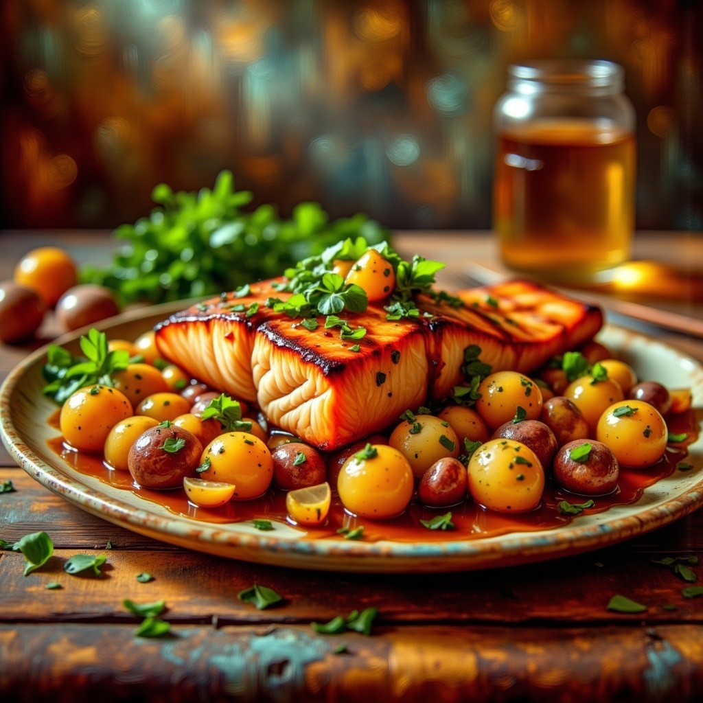 Grilled Salmon Dish with Sautéed Potatoes and Herbs