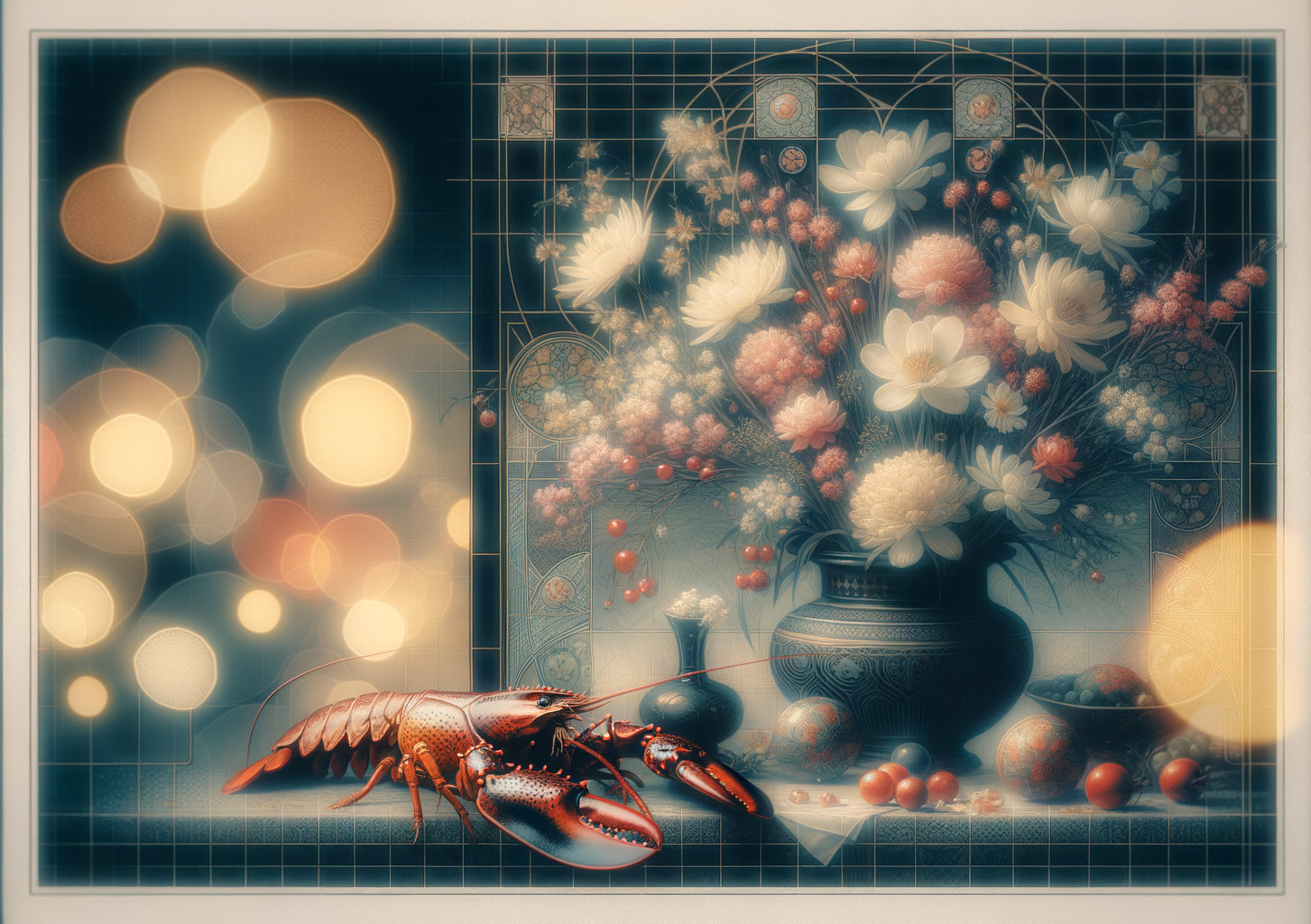 Vibrant Still Life with Lobster and Decorative Elements