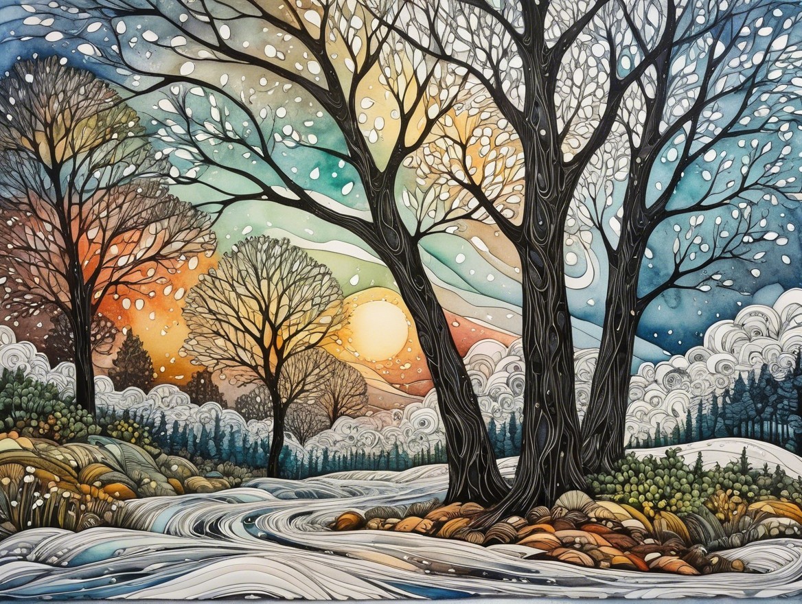 Vibrant Winter Landscape with Stylized Trees and River