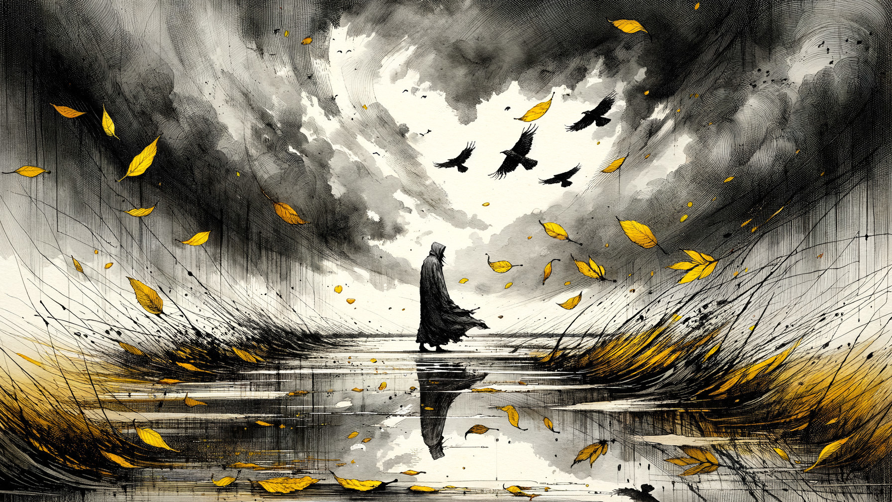 Solitary Figure in Cloak Amidst Autumn Landscape