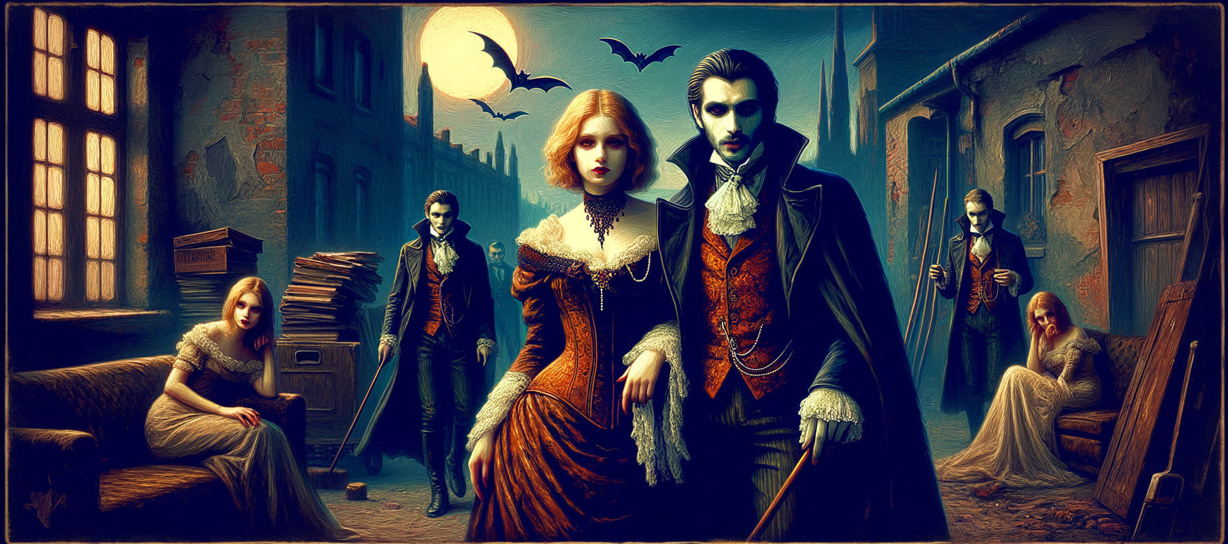 Gothic Elegance in a Dimly Lit Setting with Vampires