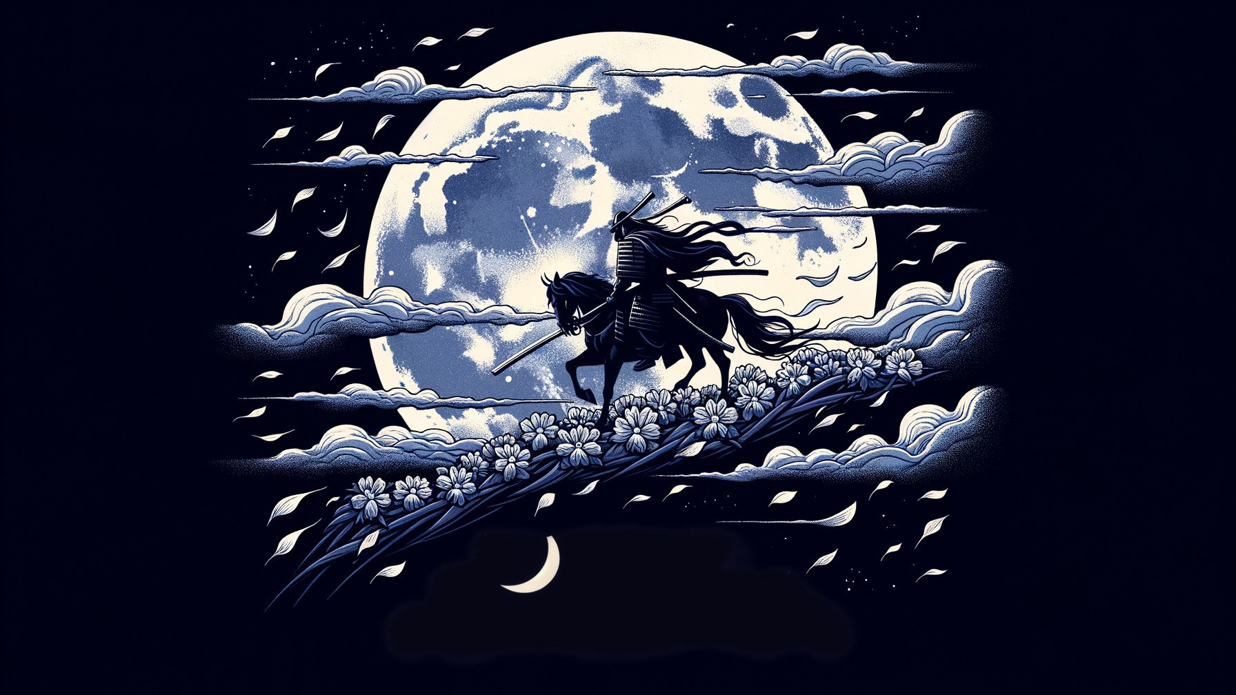 Spectral Warrior on Black Horse Under Full Moon