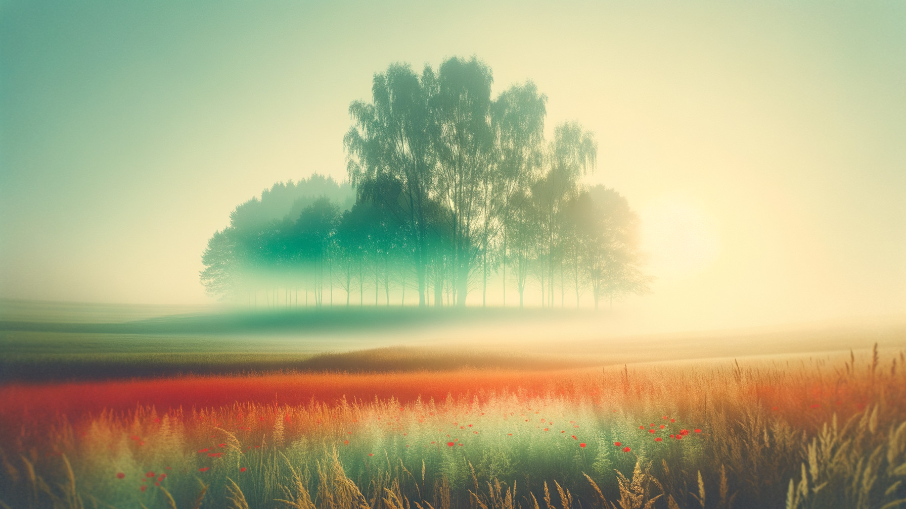 Serene Landscape with Red Poppies and Misty Trees