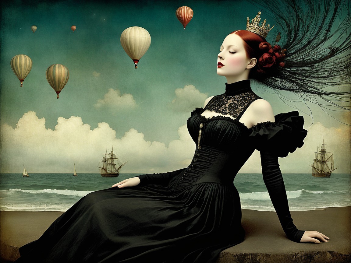 Elegant figure in black gown by serene shore