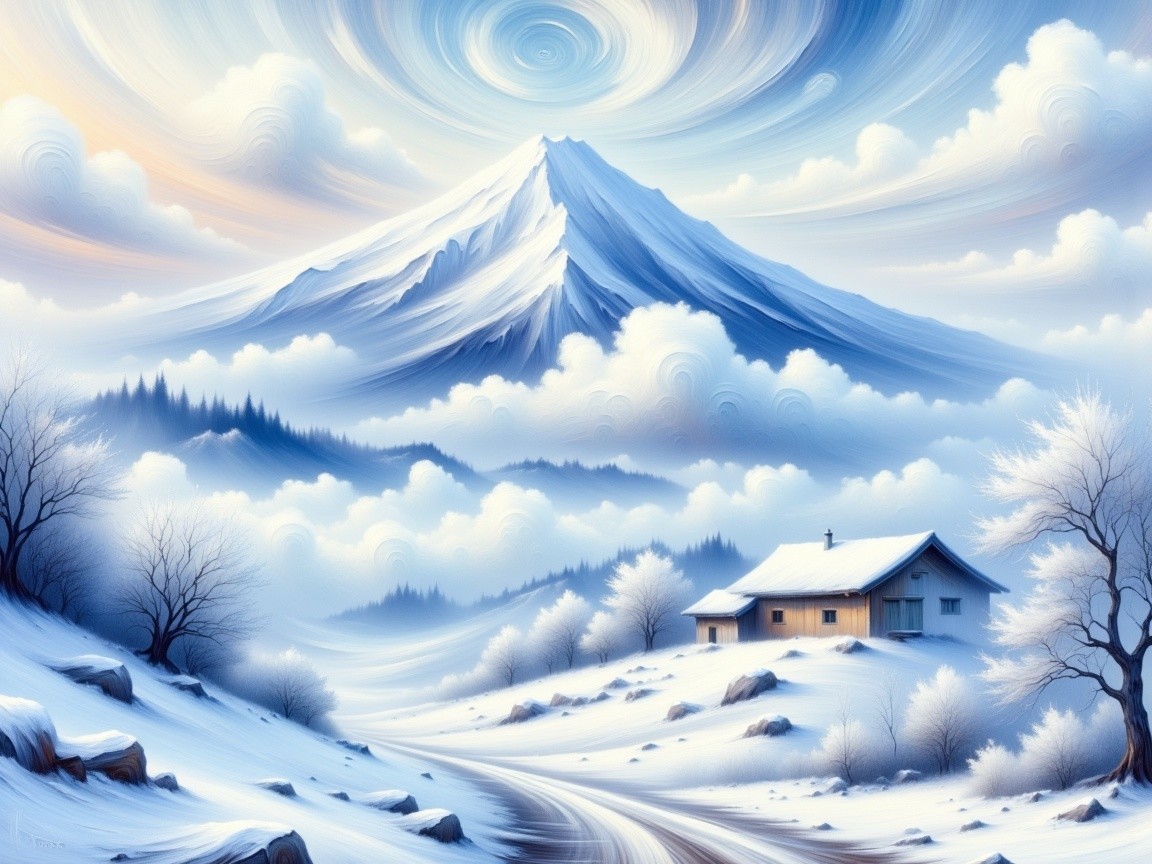 Snowy Mountain Landscape with Cozy Cabin and Trees