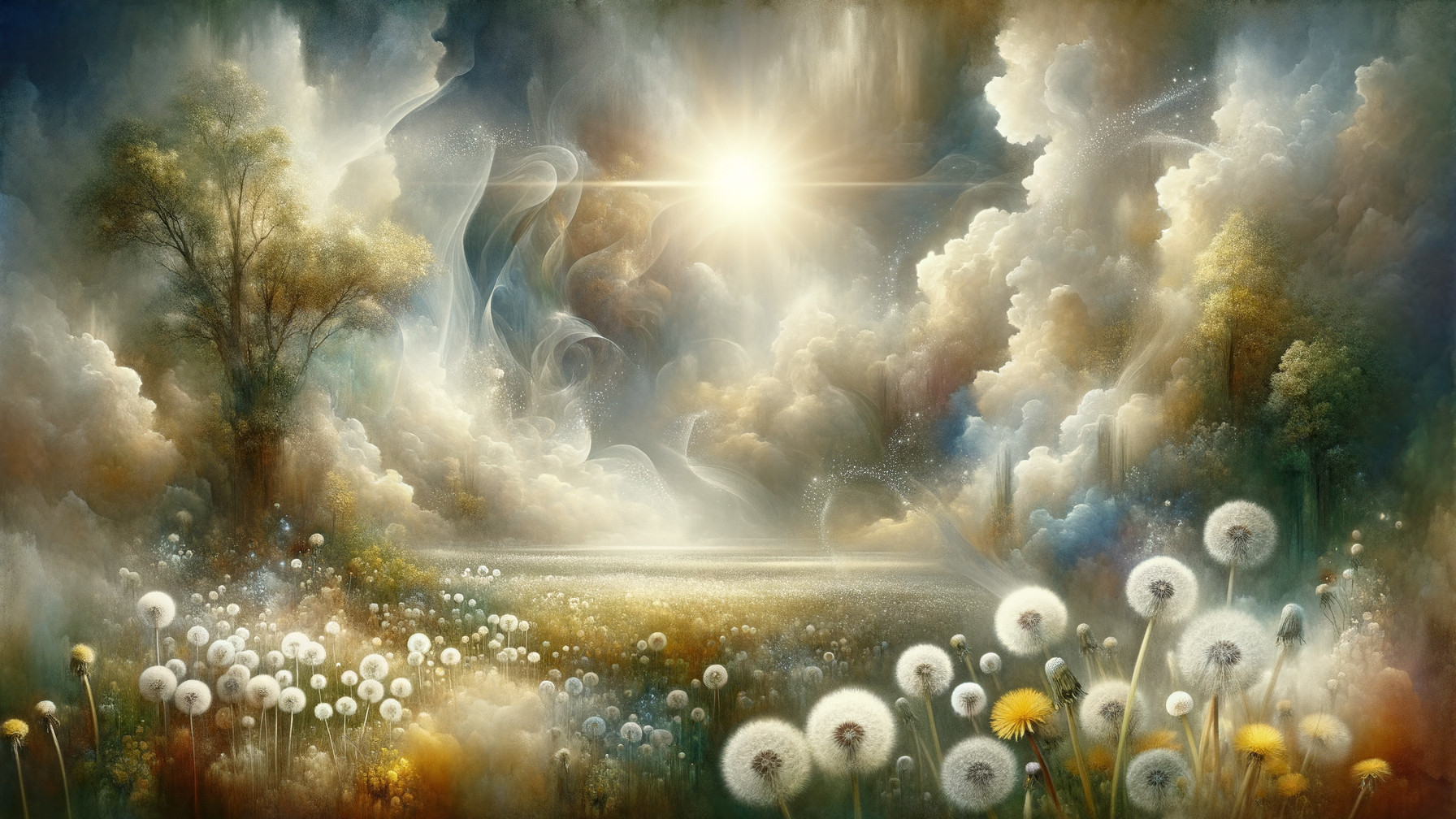 Ethereal Landscape with Dandelions and Vibrant Clouds