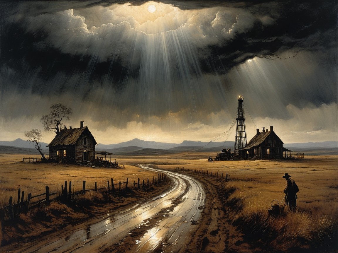 Desolate landscape with weathered houses and oil rig