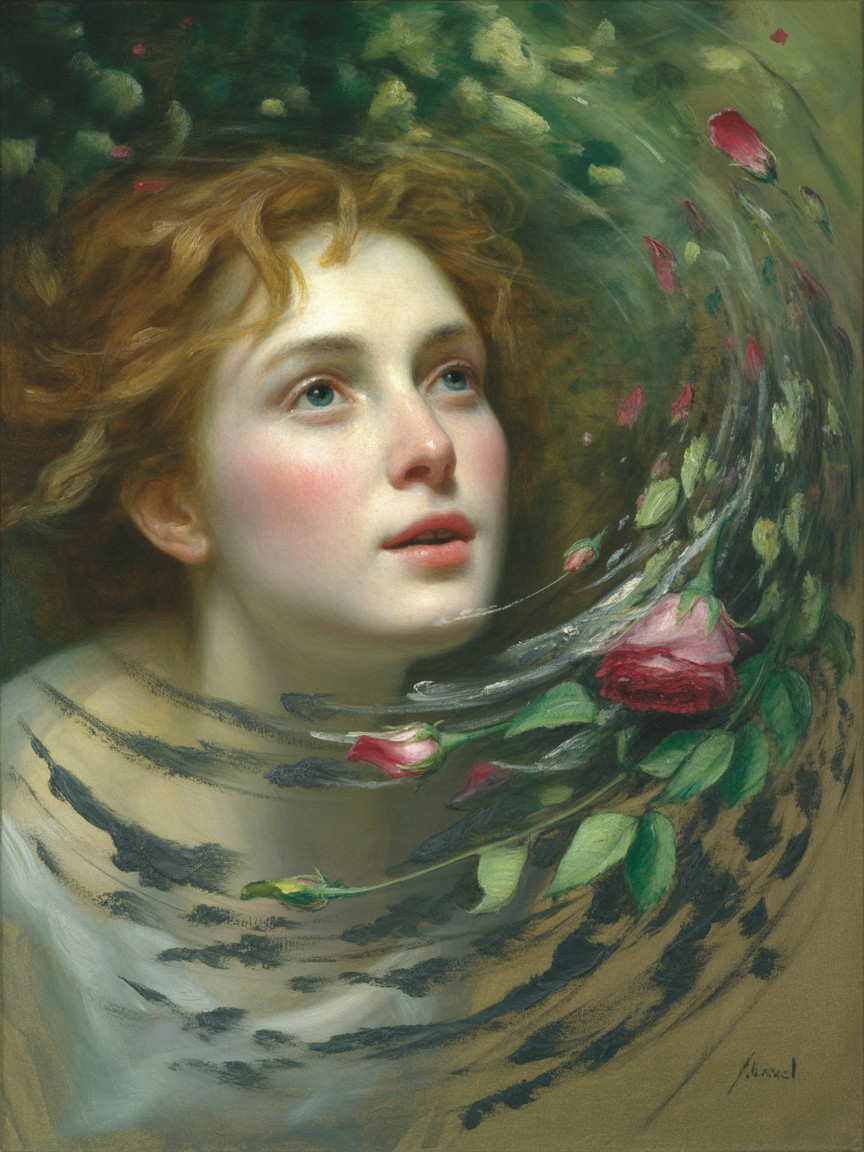 Young Woman with Red Hair Amidst Roses and Petals