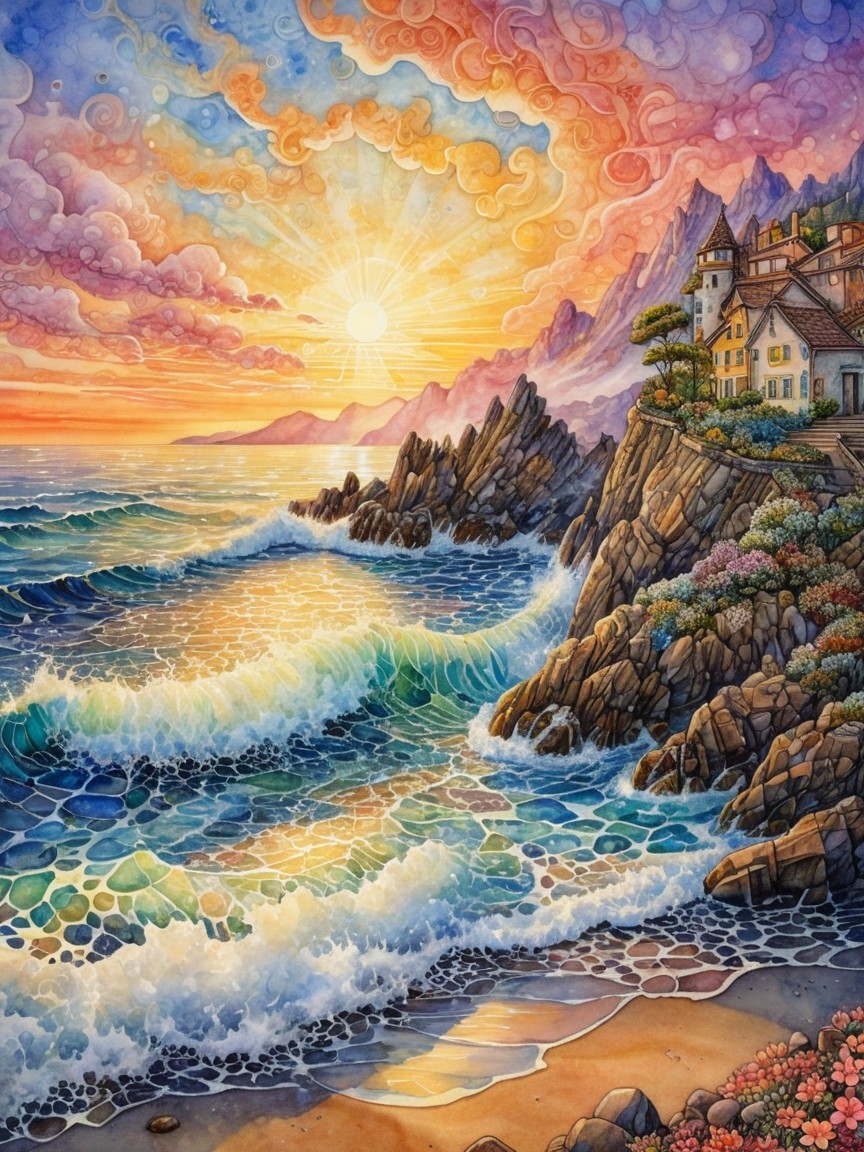 Seaside Landscape with Cliffs and Colorful Sunset