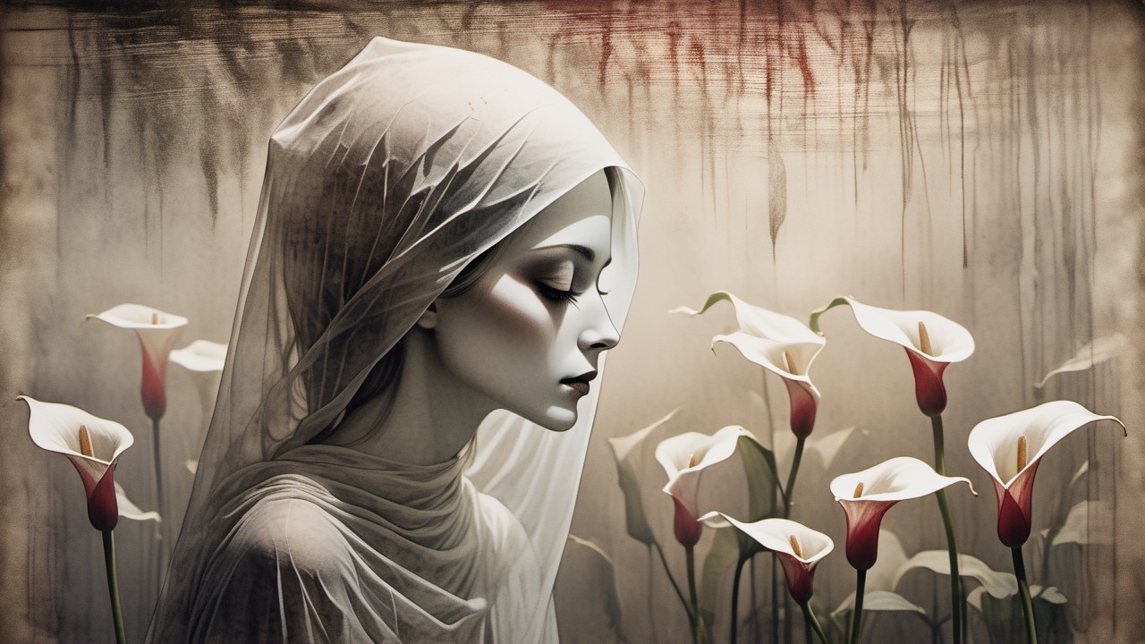 Serene figure in veil with calla lilies backdrop