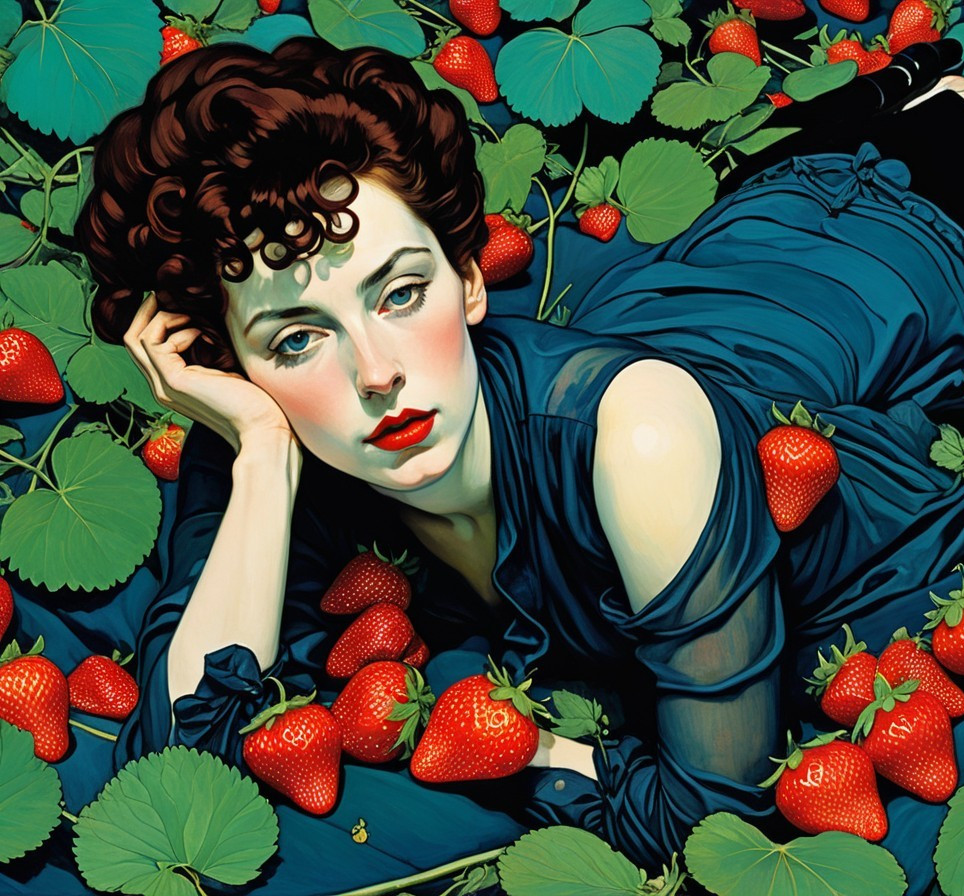 Young woman in blue dress among strawberries and leaves