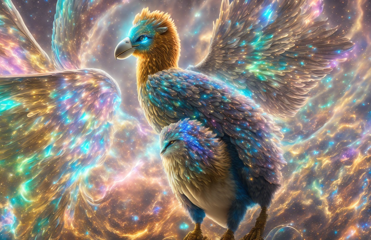 Majestic Bird with Vibrant Feathers in Cosmic Setting